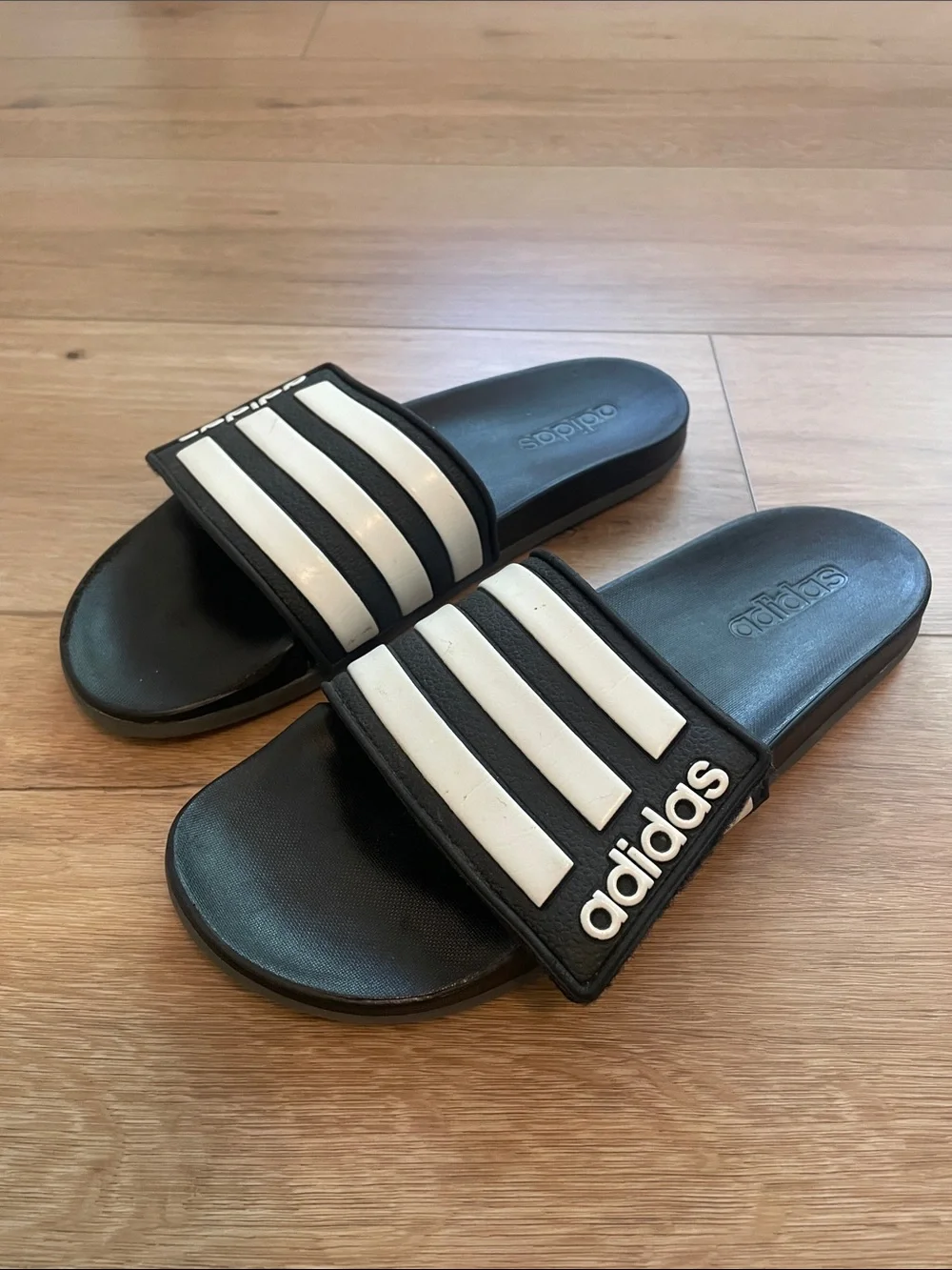 adidas Black and White Slide Sandals with Three-Stripes Men 10